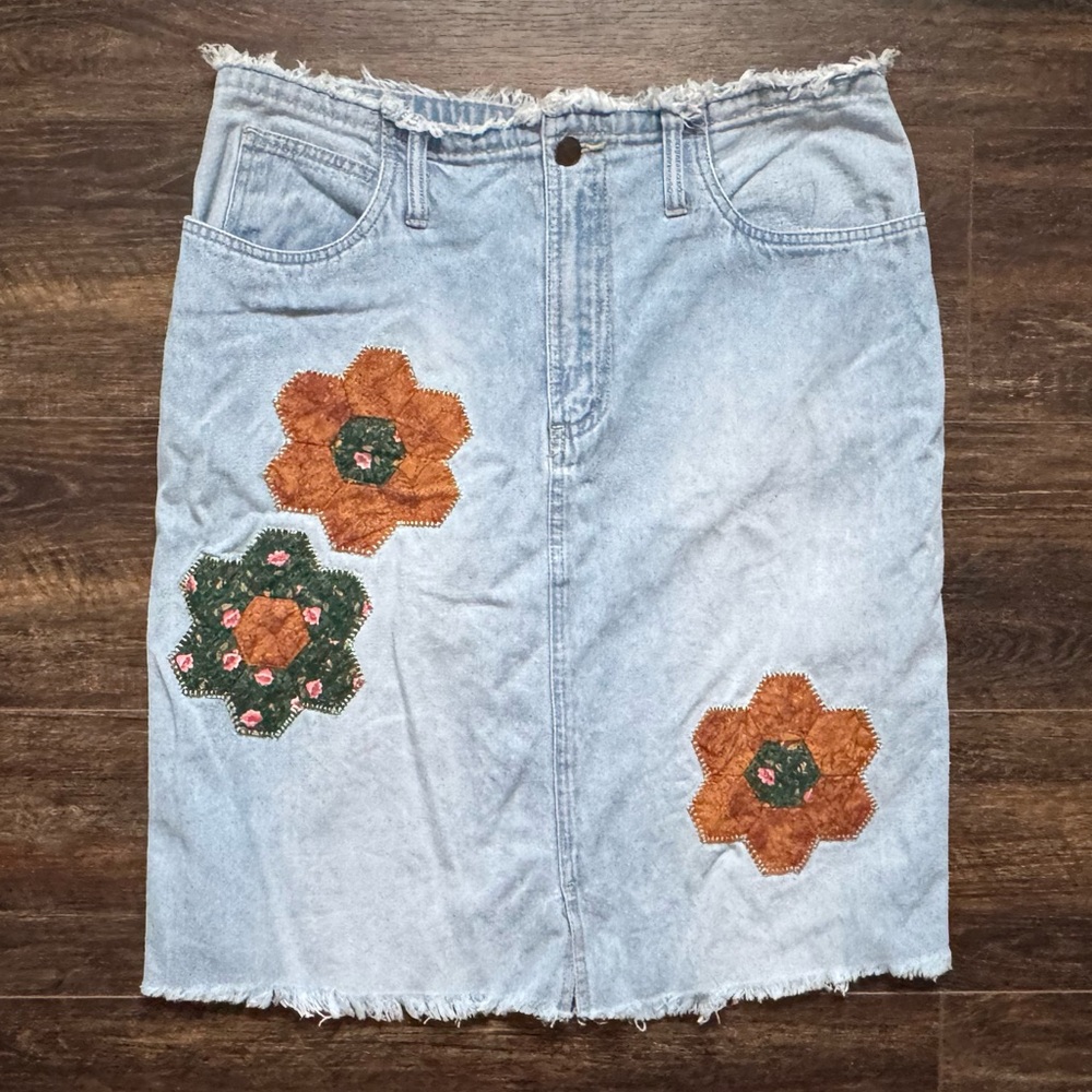 BILL BASS Vintage Y2K Denim Patchwork Hippie Boho Jean Skirt 6P